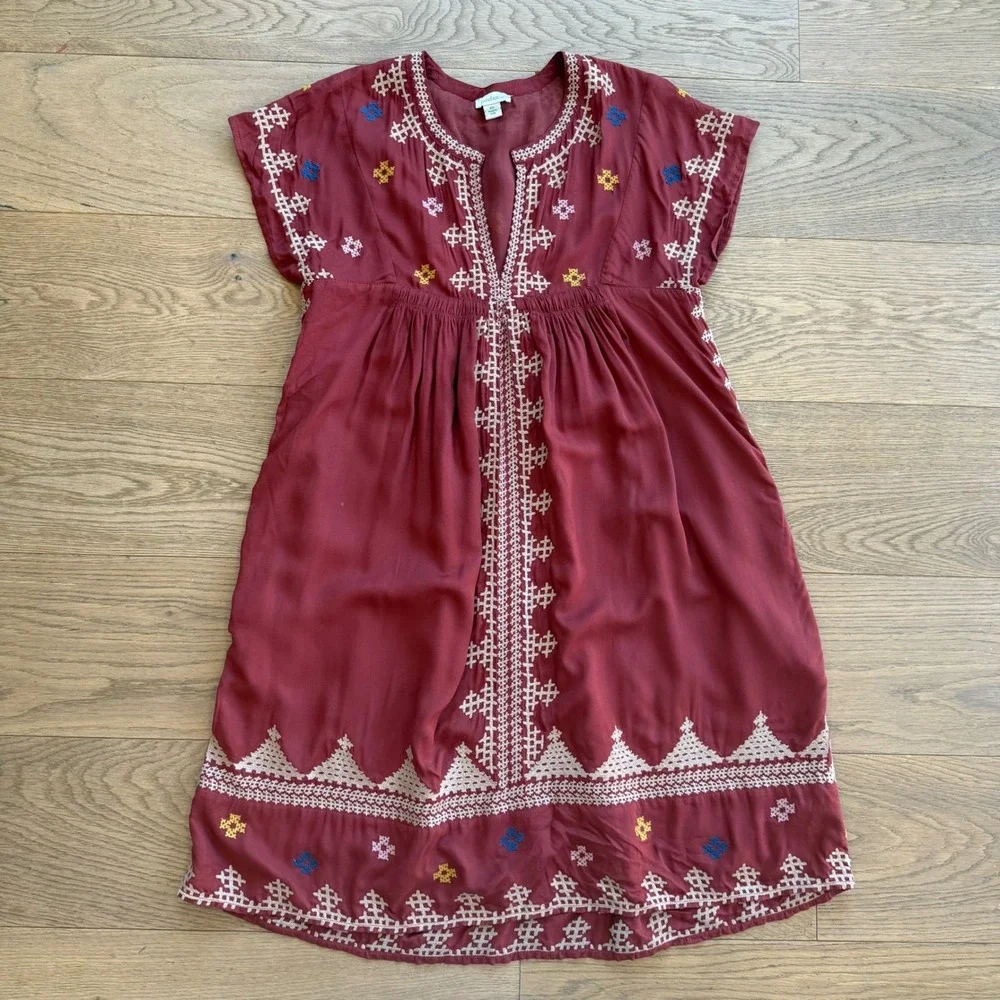Sundance Embroidered Boho Tunic Dress Rust Red XS Short Sleeve Modal Lined